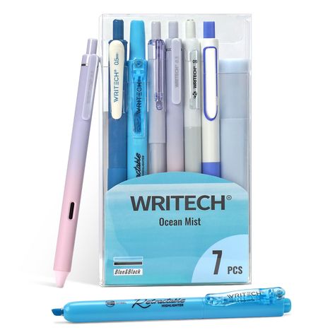 WRITECH Gel Pens Journaling Highlighters: Journal Set Aesthetic Assorted Pastel Color Ink 0.5mm Fine Point Retractable 0.7mm Black Pen Smooth Writing Drawing No Bleed 7ct (Blue) Journaling Set, Set Aesthetic, Journaling Kit, Paint Marker Pen, Cozy Den, Journal Set, Journaling Kits, Writing Drawing, Black Pen