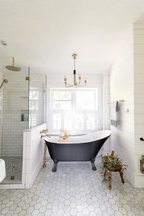 Modern Black and White Bathroom with Brass Accents. Kohler Brass Bathroom. Bathroom with Barn Door. Farmhouse Sink in Bathroom, Shiplap Bathroom Farmhouse Sink In Bathroom, Bathroom With Brass Accents, Modern Black And White Bathroom, Sink In Bathroom, Bathroom Shiplap, Farmhouse Bathroom Sink, Shiplap Bathroom, Black And White Bathroom, Door Farmhouse