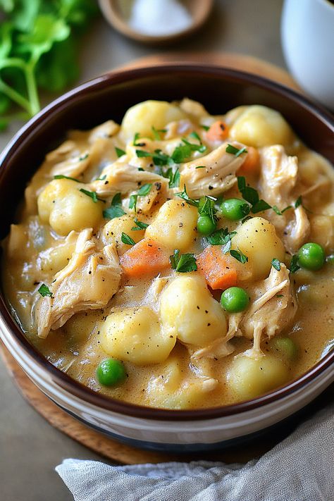 Easy Gnocchi Chicken Pot Pie Chicken Pot Pie Gnocchi Soup, Gnocchi Chicken Pot Pie, Chicken Pot Pie Dinner, Gnocchi Chicken, Gluten Free Chicken Pot Pie, Easy Gnocchi, Gnocchi Recipes Easy, Cozy Dinners, Gluten Free Gnocchi