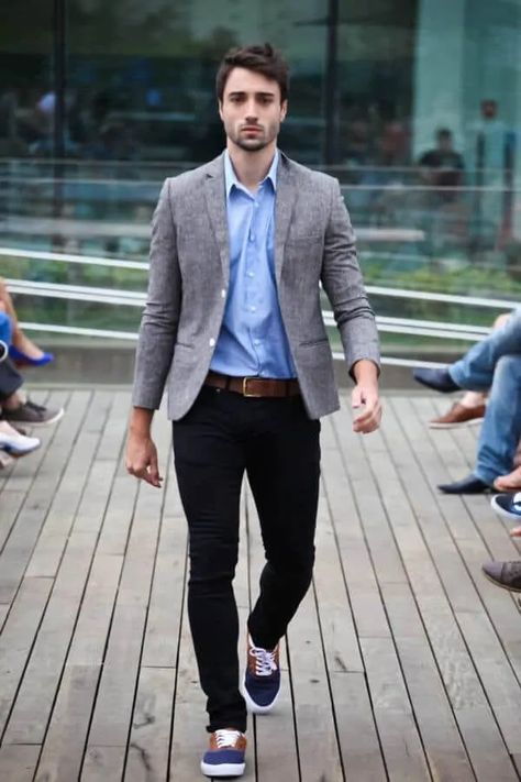 Chinos Are Acceptable Making This A Great Business Casual Outfit Casual Jacket Outfit, Grey Blazer Outfit, Business Casual Attire For Men, Business Casual Jacket, Mens Business Casual, Smart Casual Dress Code, Hipster Chic, Mens Fashion Work, Mens Fashion Business Casual