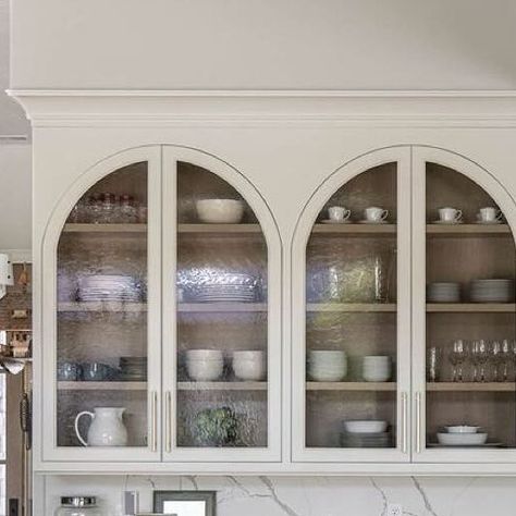 Heidi Ann Design on Instagram: "We couldn’t be happier about these arched cabinets! 😍" Kitchen Cabinets Rounded Edges, Glass Cabinetry Kitchen, Arched Glass Cabinet Kitchen, Arched Cabinet Dining Room, Arched Kitchen Cabinet Doors, Arched Cabinet Kitchen, Kitchen With Arches, Arch Kitchen Cabinets, Crockery Cabinet Design Modern