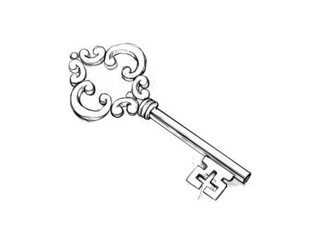 Key With Ribbon Tattoo, Tiny Key Tattoo, Alice In Wonderland Keyhole Tattoo, Vintage Key Drawing, Victorian Doodles, Key Tattoo Designs Vintage, Old Key Tattoo, Key And Lock Tattoo, Skeletons Tattoo