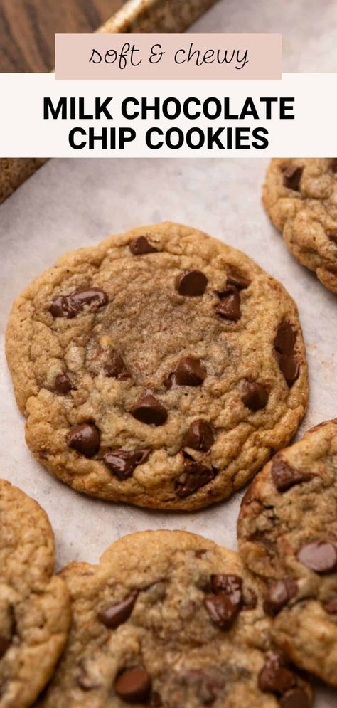 These milk chocolate chip cookies have perfectly soft and chewy centers, pools of melted chocolate, and crisp golden brown edges. They're made with creamy milk chocolate chips instead of semi-sweet, making them a little lighter and sweeter than your classic chocolate chip cookie recipe. Milk Chocolate Chip Cookies Recipes, Cookies With Milk Chocolate Chips, Milk Chocolate Chip Recipes, Choclate Chip Cookie Recipe, Organic Chocolate Chip Cookies, Classic Chocolate Chip Cookies Recipe, Classic Chocolate Chip Cookies, Milk Chocolate Chip Cookies, Cooking Stuff