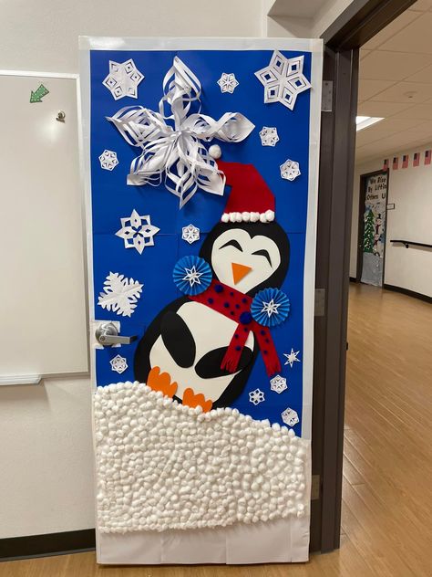 Mrs. Beal’s classroom decor/tied for first place! Office Christmas Door Decor, Penguin Door Decorations For School, Penguin Door Decoration, Winter Wonderland Classroom Decorations, Winter Wonderland Classroom Door, Winter Wonderland Door Decorations, Penguin Classroom Door, Winter Wonderland Door, Winter Door Decorations Classroom