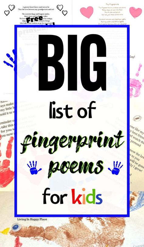 Big list of printable fingerprint poems for kids! Check out this big list of free, printable fingerprint poems for preschool, toddlers, pre-k, tot school, daycare or homeschool. Useful resources for teachers too! Mother's Day, Grandparents' Day, Father's Day, Valentine's Day and more in this growing master list of fingerprint poems! #fingerprintpoem #fingerprint #handprints #mothersday #kids #preschool #giftsfromkids #fordad #grandparents #craft #kidsctivity #poem #art #sensory #... Fingerprint Poem For Mothers Day, Preschool Poems For Parents, Fingerprint Thank You, Handprint Poems For Parents, Father’s Day Fingerprint Art, Thumbprint Poem, Fingerprint Quotes, Poems For Preschoolers, Fingerprint Poem