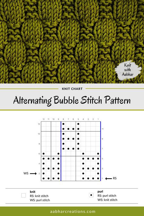 Knit Stitch Patterns Texture, Bubble Stitch, Crazy Crochet, Knit Purl Stitches, Knitting Stitches Tutorial, Beginners Crochet, Knitting Paterns, Knit Stitches, Pot Cover