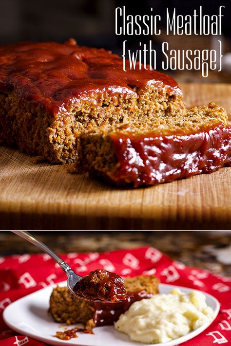 Flavorful, tender, American-Style meatloaf made with ground beef AND sausage. #meatloaf #comfortfood #dinnerrecipe #oldfashioned #best #easy | alittleandalot.com Meatloaf With Sausage, Italian Sausage Meatloaf, Sausage Meatloaf, Ground Beef And Sausage, Beef Meatloaf, How To Cook Meatloaf, Classic Meatloaf Recipe, Classic Meatloaf, Good Meatloaf Recipe