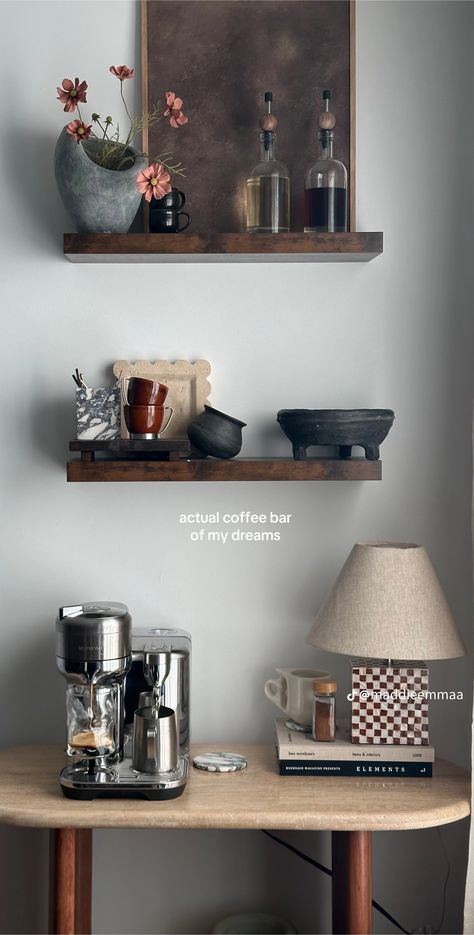 Tea Shelves Display, Cafe Corner Home Coffee Area, Minimal Coffee Station, Coffee Station Living Room, Coffee Corner Living Room, Coffee Corner In Living Room, Coffee Set Up, Cute Coffee Corner, Minimal Coffee Bar