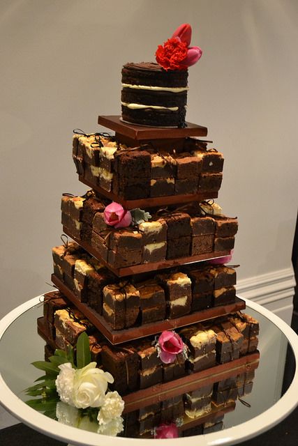 Brownie tower wedding cake - Naked cake top tier, with stacks of brownies - cream cheese brownies, salted caramel brownies, peanut butter brownies and gluten free frudge brownies.  Miss Ladybird Cakes - Melbourne weddings Brownie Stack Wedding Cake, Brownie Tower Wedding, Brownie Wedding Cake Ideas, Brownie Stack Cake, Brownie Wedding, Brownie Stack, Brownie Wedding Cakes, Brownie Tower, Chocolate Grooms Cake