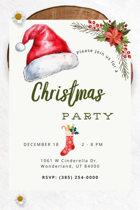 Bday Party Invitations, Winter Invitations, Red Santa Hat, Christmas Flyer, Christmas Party Invitation, Christmas Invitations, Christmas Party Invitations, Christmas Theme, Festive Holiday