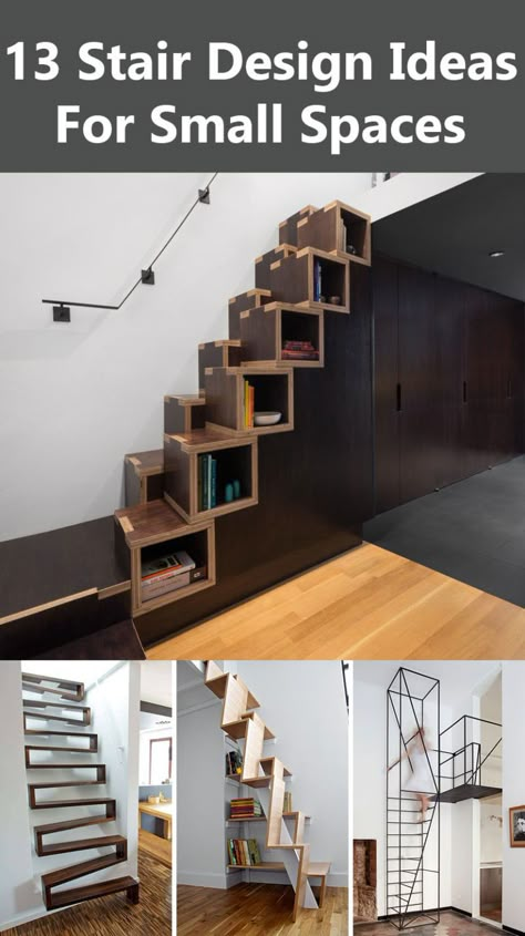 13 Stair Design Ideas For Small Spaces Loft Stairs Ideas, Stair Design Ideas, Small Space Stairs, Stair Shelves, Loft Staircase, Small Staircase, Stair Design, Loft Stairs, Escalier Design