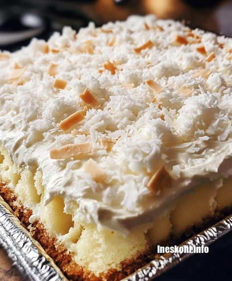 Easy Coconut Cream Poke Cake Coconut Sheet Cake With Cream Of Coconut, Coconut Cream Poke Cake Recipe, Coco Lopez Coconut Cake, Coconut Poke Cake Recipe Condensed Milk, Coconut Cake Ideas, Coconut Poke Cake With Cream Of Coconut, Polk Cake Recipes, Coconut Desserts Recipes, 3 Day Coconut Cake Recipe