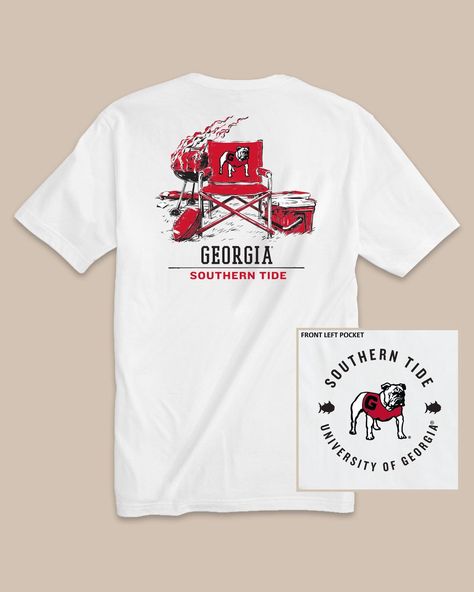 The back view of the Georgia Bulldogs Gameday BBQ Tailgate T-Shirt by Southern Tide - Classic White Game Day Tshirt Designs, Southern Tailgate, College Basketball Shirts, Father Son Outfits, Gameday Food, Basketball Shirt Designs, Tailgate Shirt, Bulldog Shirt, Banner Ideas