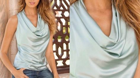 Falling Neck Tops, Falling Neck Dress, Diy Cowl Neck Top, Satin Blouse Designs, Diy Cowl, Dress Designs For Stitching, Cowl Top, Latest Blouse Designs Pattern, Batwing Top