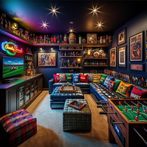 Suburban basement turned eclectic man cave with a huge TV, vintage memorabilia, mini bar, and arcade games. Decor includes quirky throw pillows, iconic posters, and neon signs, complete with a comfortable leather couch and cozy atmosphere. #Mancave #BasementDesign #RetroDecor #GameRoom #HomeBar #SportsDen Eclectic Gaming Room, Gaming Library Room, Man Cave Gaming Room, Nerd Man Cave, Men’s Game Room, Man Cave Game Room Ideas, Arcade Room In House, Gamer Basement, Arcade Basement