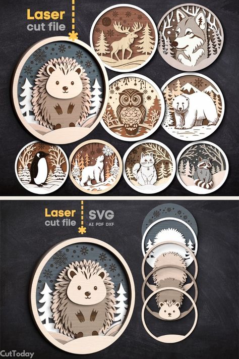 Winter Forest Animals SVG Bundle: Laser Cut File for Glowforge Round Signs! Glowforge Projects To Sell, Winter Forest Animals, Cat Penguin, Round Signs, Laser Cut Wood Crafts, Laser Engraved Gifts, Laser Engraved Ideas, Laser Art, Nature Forest