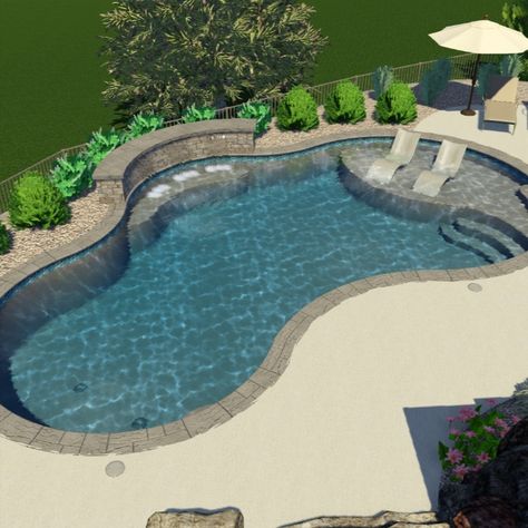 Stay tuned... Can't wait to see this Gunite Pool project finished. Pool Entry Ideas, Best Backyard Pool Designs, Pool Without Spa, Pools Right Off Patio, Pool Area Privacy Ideas, Realistic Pool Ideas, Free Form Pool With Hot Tub, Lagoon Style Pool Ideas, Formal Pool Landscaping