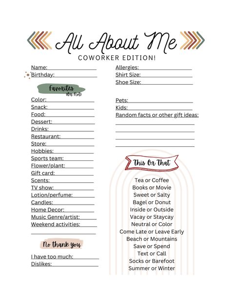 Coworker icebreaker to enhance team bonding and collaboration with our "All About Me - Coworker Edition" instant download form! This engaging and interactive template is designed to help coworkers get to know each other better, fostering a positive workplace culture. Perfect for team-building activities, onboarding, or icebreaker sessions. Features: File Type: PDF (printable and fillable) Easy to Use: Simply download, print, and share with your team Dimensions: Standard letter size (8.5 x 11 inc Get To Know Your Coworkers, Team Bulletin Board, Work Team Building, Me Template, All About Me Printable, Fun Icebreakers, Staff Morale, Workplace Culture, Team Bonding