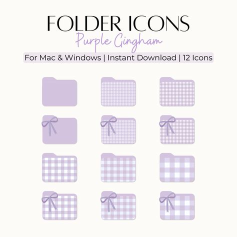 💜 12 Purple Gingham Folder Icons for Mac & Windows PC Elevate your digital workspace with our adorable Purple Gingham Folder Icons bundle! Perfect for organizing files and folders on both Mac and Windows PCs. This set includes 12 meticulously crafted icons, featuring a delightful purple gingham pattern. Six of these icons are adorned with a cute bow, adding an extra touch of sweetness to your desktop experience. Plus, enjoy the bonus of 6 organizer wallpapers to further personalize your desktop Mac Wallpaper Desktop Organizer, Purple Folder Icon, Aesthetic Purple Icons, Purple Desktop Wallpaper, Windows Folder Icon, Wallpapers Mac, Folder Icons For Mac, Digital Workspace, Folder Organizer