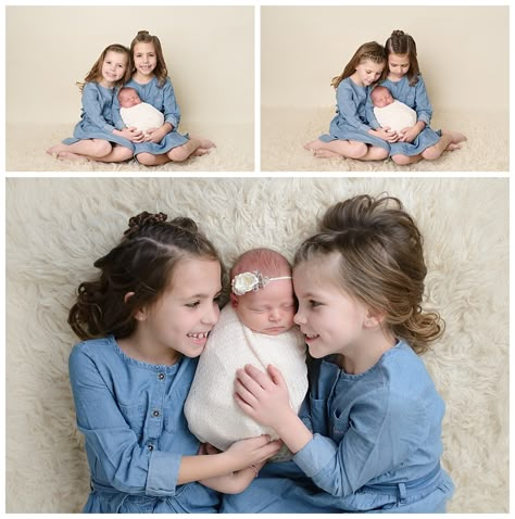 Newborn Family Pictures With 3 Siblings, 3 Sisters Newborn Photography, Newborn With Two Siblings, Newborn And 2 Sibling Photo Ideas, Newborn With 2 Siblings Photography, Sisters Newborn Photography, Siblings And Newborn Pictures, Newborn And Siblings Photo Ideas, Newborn Boy Photography With Siblings