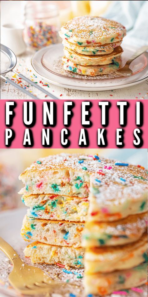 My kids go crazy when I make them these! Funfetti pancakes: they come out so fluffy and soft, with the most delicious vanilla-almond flavor and plenty of colorful sprinkles. So fun! Busy Morning Breakfast, Funfetti Pancakes, Fun Pancakes, Flavored Pancakes, Cookie Crisp, Brunch Bread, Recipes Appetizers And Snacks, Almond Flavor, Kid Food