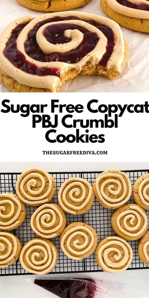 Sugar Free Copycat PB and J Crumbl Cookies, an inspired and tasty peanut butter and jelly cookie made with no added sugar. Peanut Butter Jelly Cookies, Sugar Free Cookie Recipes, Pb And J, Sugar Free Peanut Butter, Jelly Cookies, Sugar Free Baking, Crumbl Cookies, Sugar Free Treats, Sugar Free Cookies