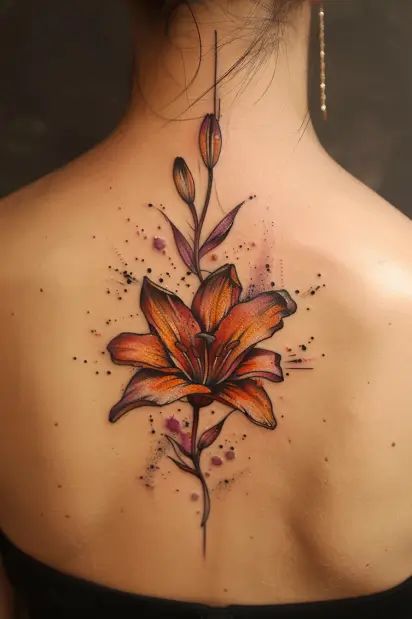 20+ Captivating Lily Tattoo Ideas for Every Style Lilly Back Tattoo Women, Colorful Lily Tattoo, Star Gazer Lilly Tattoos, Tigerlily Tattoo, Lilly Tattoos, Watercolor Lily Tattoo, Dragon Lily, Lily Tattoo Ideas, Tiger Lily Tattoo