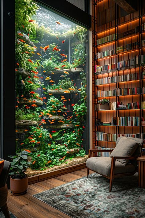 Fish Tank On Bookshelf, Library With Plants, Bookshelf Aquarium, Aquarium Setup Ideas, Plant Bookshelf, Unique Bookshelf, Warm Home Aesthetic, Aquarium Home, Aquarium Inspiration