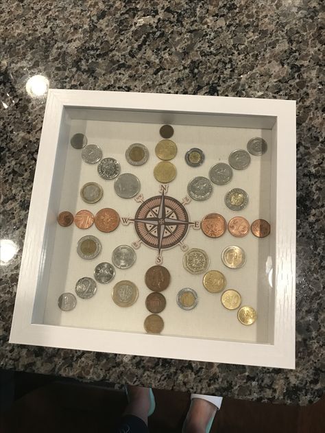 Old Coin Display Ideas, Displaying Money From Around The World, Foreign Money Display Ideas, Old Coins Craft Ideas, Coin Art Diy, Coin Art Ideas, Pressed Penny Display Ideas, Coin Display Ideas, Old Coins Craft