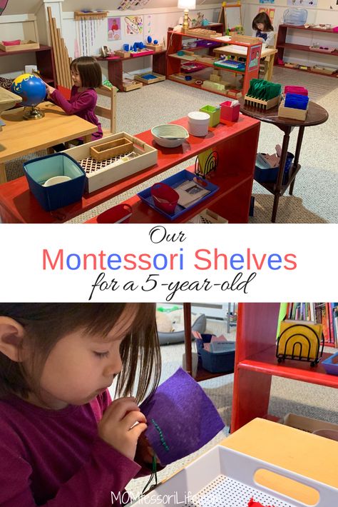 Our Montessori Shelves for a 5-Year-Old – MOMtessori Life Montessori Practical Life 4-5, 5 Year Montessori, Montessori Activities For 4 Year, Homeschool Preschool Room, Montessori Shelf Ideas, Montessori Homeschool Room, Ish Activities, Preschool Homeschool Room, Montessori Preschool Classroom