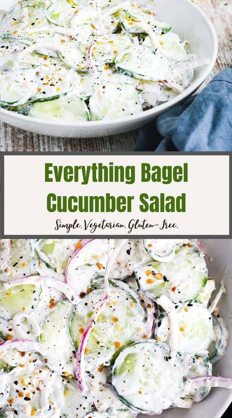 This simple everything bagel cucumber salad takes a favorite summer salad to the next level with the addition of a favorite seasoning mix including sesame and poppy seeds, garlic, onion, and salt. Naturally vegetarian and gluten-free. #cucumbersalad #summersalad #creamycucumbersalad #cucumberandonionsalad #bbqsidedish Everything Bagel Salad, Everything Bagel Cucumber, Bagel Salad, Bagel Cucumber, Cucumber Recipes, Think Food, Salad Side Dishes, Summer Salad, Everything Bagel