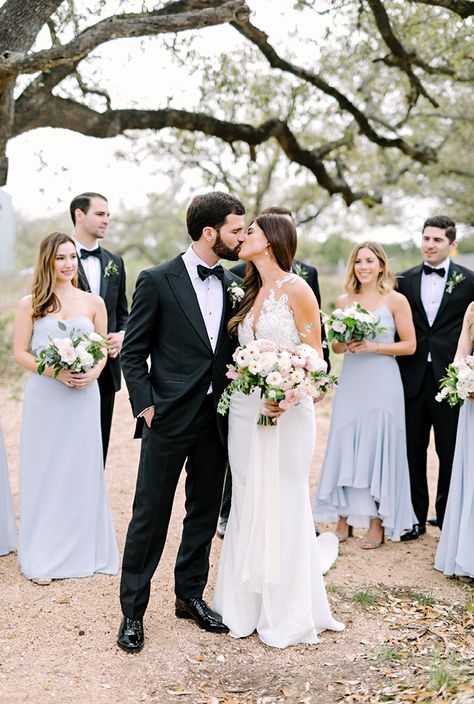 Classic black and white wedding with dusty blue bridesmaids at Prospect House | Austin Wedding | Julie Wilhite Photography  #austinwedding #prospecthouse #austinweddingphotography #classicwedding #bluewedding Dusty Blue And Black Wedding, Blue And Black Wedding, Blush And Blue Wedding, Light Blue Bridesmaid, Dusty Blue Dress, Prospect House, African Bridesmaid Dresses, Minimalist Pastel, Airy Wedding