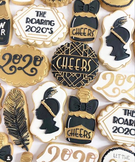 Gatsby Cookies Decorated, Roaring 20s Cookies Decorated, Roaring 20s Cookies, 1920s Cookies, Great Gatsby Party Food, 1920s Party Food, Gatsby Cookies, Harlem Nights Theme, Nye 2024