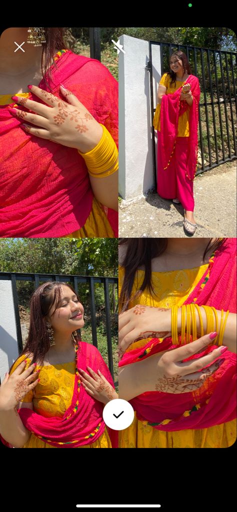 Haldi Asthetic Pictures, Haldi Story Ideas, Haldi Aesthetic Photos, Pose For Traditional Wear, Haldi Photoshoot Poses, Haldi Aesthetic, Navratri Photos, Haldi Pics, Lehnga Photoshoot Poses