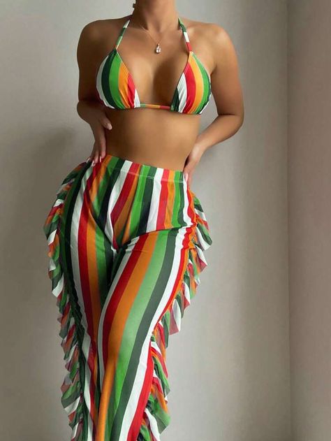 Multicolor Boho Collar Rainbow Stripe Embellished High Stretch Swimming & Beach Backless Swimsuit, Strip Pattern, Ruffle Pants, Ruffle Swimsuit, Swimsuit Set, Feminine Design, Summer Beach Wear, Medan, Swim Suit