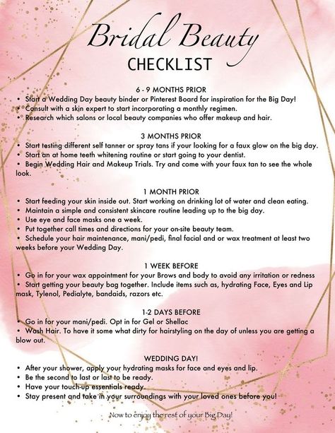 Bridal Tips And Tricks, Bride Must Haves Products, Bride Things To Do Before Wedding, Bride Skin Care Plan, Wedding Preparation Checklist Bridal Beauty, Bridal Beauty Tips, Parties Before The Wedding, Wedding Glow Up Checklist, Bride Tips For Wedding Day