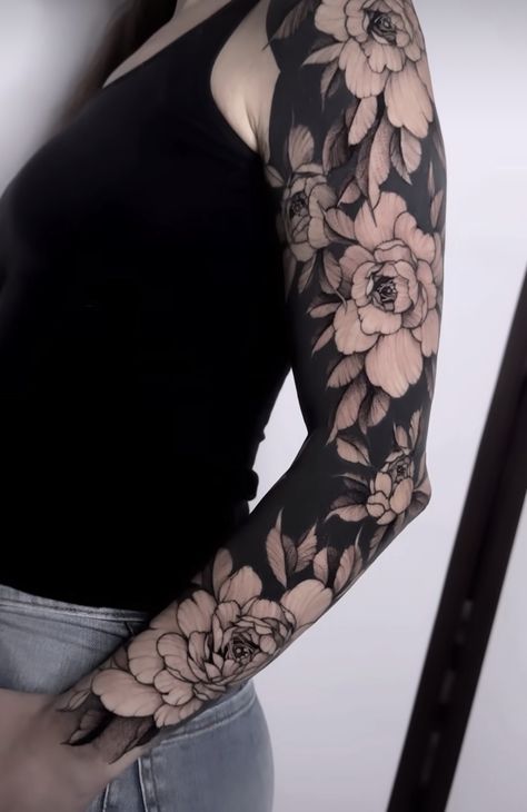 Negative Tattoo, Blast Over Tattoo, Tattoo Peony, Shen Long Tattoo, Forearm Cover Up Tattoos, Black Sleeve Tattoo, Feminine Tattoo Sleeves, Blackout Tattoo, Floral Tattoo Sleeve