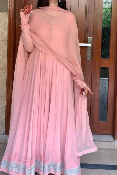 trendy Simple pink frock Trendy Dresses Casual, Casual Winter Dresses, Georgette Dresses, Diwali Dress, Pink Frock, Junaid Khan, Meta Ads, Simple Gowns, Stylish Wedding Dresses