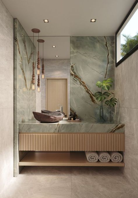 Green Marble Bathroom, Marble Bathroom Designs, Casa Hobbit, Lavabo Design, Wooden Beds, Washroom Design, Bathroom Design Inspiration, Bathroom Design Decor, Toilet Design