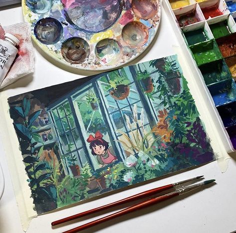 Gouache Painting Ideas, Arte Indie, Posca Marker, Ghibli Artwork, Gouache Art, Studio Ghibli Art, Seni Cat Air, 수채화 그림, Ghibli Art