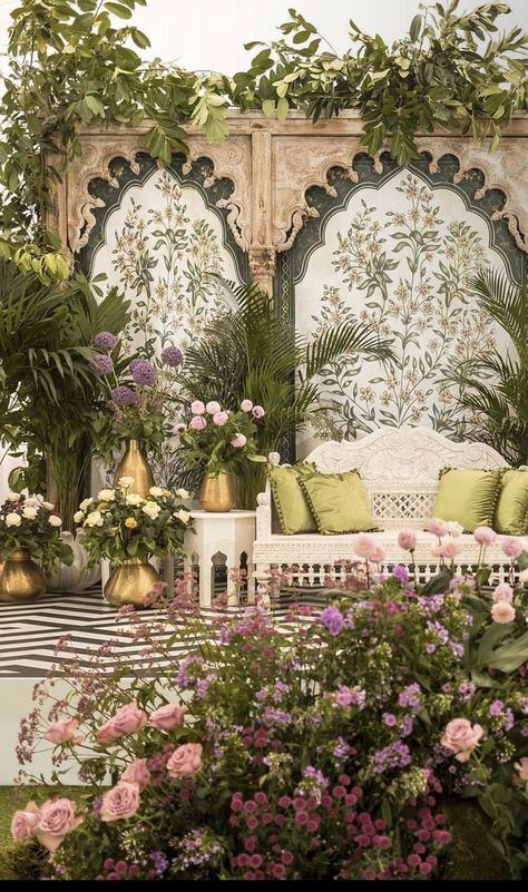 Mehendi Decor Luxury, Indian Garden Party, Garden Wedding Indian, Desi Wedding Color Schemes, Aesthetic Event Decor, Engagement Decorations Indian Outdoor, Mughal Theme Wedding Decor, Nikkah Flowers, Mughal Wedding Decor