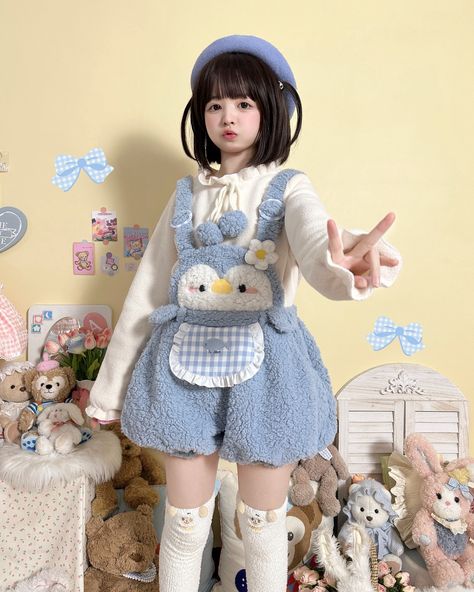 Super cute winter fleece overall shorts and skirts! 🐤🐇🧸 Now available for preorder. Find them here: https://www.devilinspired.com/to-alice 🐧 Stay tuned, the penguin version is coming soon! #kawaii #cutecore #kawaiifashion #cuteclothes Kawaii Winter Outfits, Kawaii Overalls, Kawaii Winter, Kawaii Cutecore, Blue Outfits, Kitty Items, Animation Art Character Design, The Penguin, Hello Kitty Items