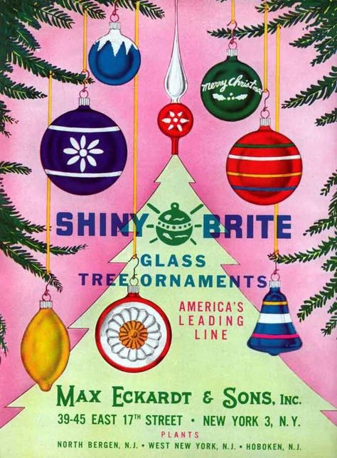 Christmas Ads, Shiny Brite Christmas, Retro Christmas Decorations, Aluminum Christmas Tree, Yarn Hanging, Shiny Brite Ornaments, Christmas Ephemera, Christmas Ad, Mid Century Christmas