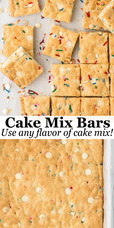 I am giving you not one, not two, but thirteen different flavor combinations for these cake bars! Made in less than 30 minutes, with just four base ingredients (and whatever add-ins you want), these soft, chewy cake mix cookie bars are always a huge crowd-pleaser! White Cake Mix Cookies, Chewy Cake, Cake Mix Bars, Cake Mix Brownies, Cake Mix Cookie, Easy Dessert Bars, Cake Bars Recipe, Cake Mix Cookie Bars, Cake Box Cookies