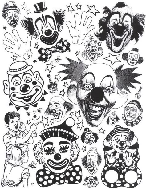 Clown Paintings, Clown Tattoo, Tattoo Flash Sheet, Folk Art Flowers, Cowgirl Art, Vintage Clown, Creepy Clown, Tattoo Flash Art, Vintage Tattoo