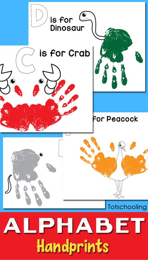 Crafts For Alphabet Letters, Z Is For Craft Handprint, Abc Painting Ideas, Alphabet Letter Painting, Handprint Alphabet Art, Hand Alphabet Art, Animal Handprint Art Alphabet, Abc Projects For Preschoolers, A Is For Handprint Craft