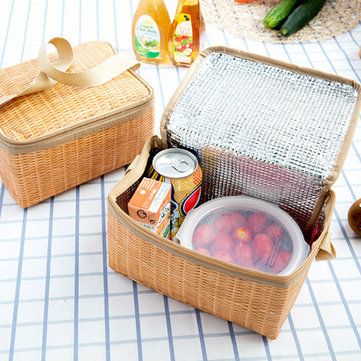 Imitation Rattan Brazier Bag Thickening Lunch Tote Bag Cooler Insulated Handbag Travel Picnic Bag Picnic Containers, Bento Lunch Bag, Cooler Food, Cool Lunch Boxes, Wicker Picnic Basket, Picnic Lunches, Lunch Tote Bag, Lunch Cooler, Cooler Lunch Bag