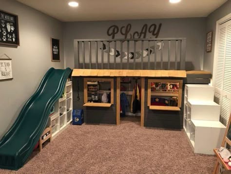 Loft Space Playroom, Playroom For Preschoolers, Top Bunk Play Space, Indoor Playground Home Diy, Indoor Play Areas Diy, Playroom Loft With Slide, Diy Playroom Loft With Slide, Toyroom Ideas Boys, Playroom Fort Loft