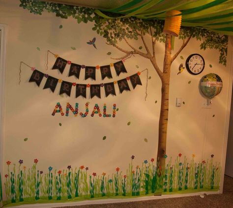 forest theme / photo back drop / tree decal / diy crepe paper grass and flower / chalk board theme birthday banner Tree Backdrop Diy, Kraft Paper Tree On Wall, Brown Paper Tree On Wall, Paper Tree On Wall For Classroom, Paper Tree For Classroom Wall, Tree Decal, Grass Wall, Bug Party, Tree Decals