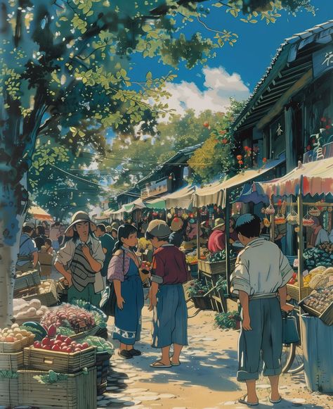 early morning crowd on the grocery market 🍎🍋🍞🥖🫑🥩 🔗 https://linktr.ee/whimcity 💻 created with MidJourney & Topaz Gigapixel ⠀⠀⠀⠀⠀⠀⠀⠀⠀ 🔗 #chillvibes 🔗 #studioghibli 🔗 #aiartcommunity 🔗 #animelover 🔗 #animeart 🔗 #sunsetlovers 🔗 #lofi 🔗 #japanlover Grocery Market, Cartoon Font, Pretty Landscapes, Ghibli Art, Book Drawing, Comic Style, Cool Wallpapers Art, Landscape Drawings, Ap Art